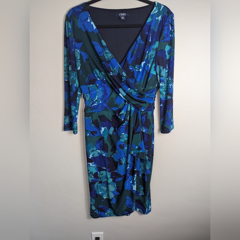 M Chaps Floral Print Stretch Draped Navy Green Dress